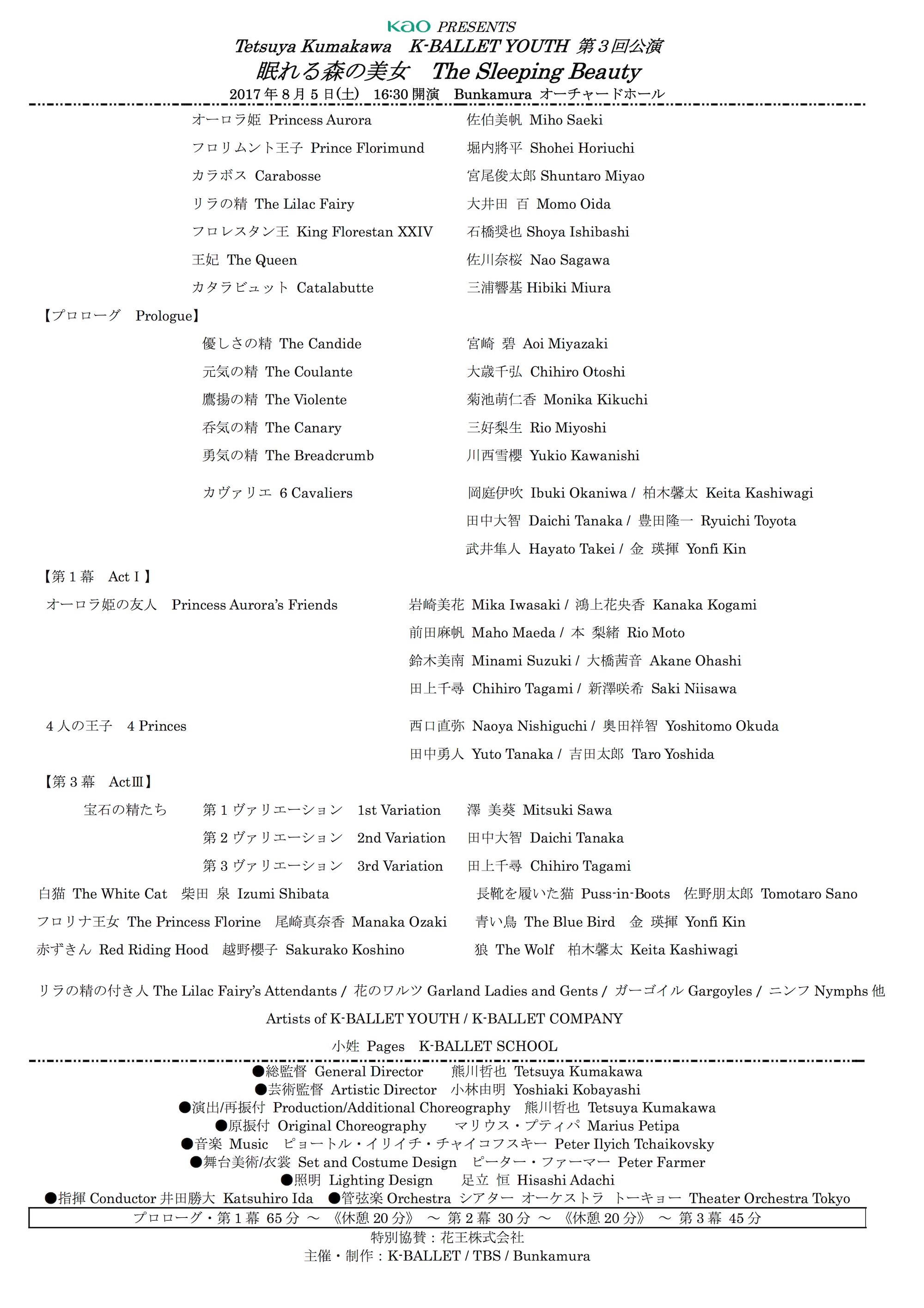 K-BALLET YOUTH 第3回公演『眠れる森の美女』8/5(土)16:30公演 キャスト